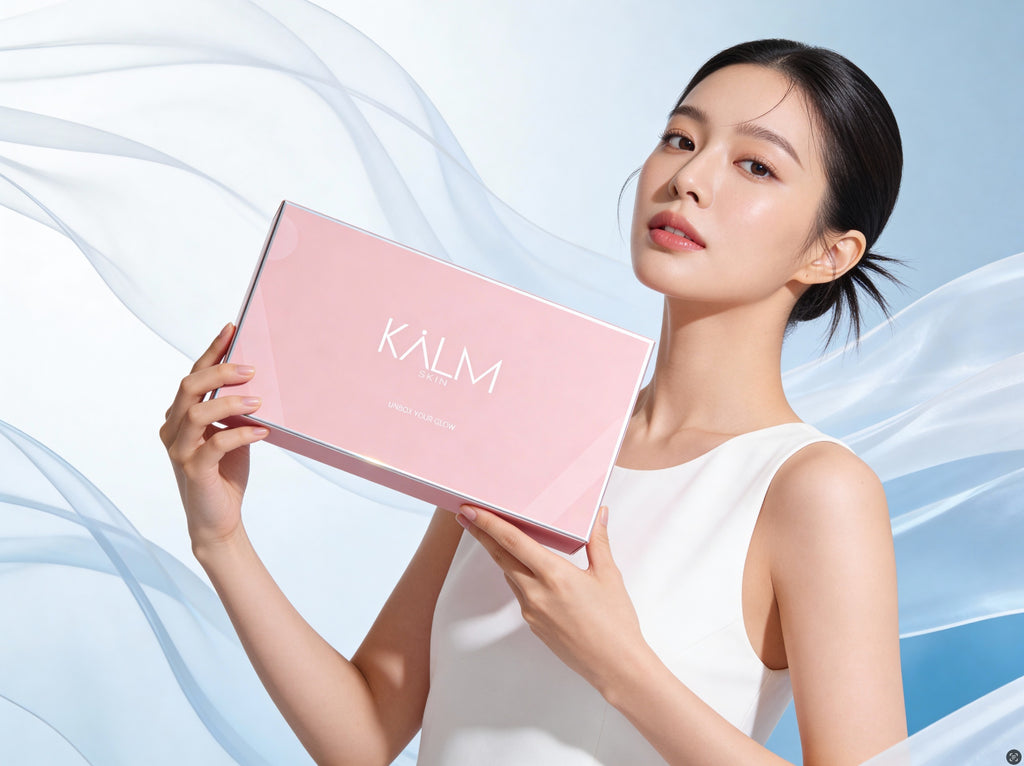 Model holding KALM SKIN Rice Brightening Glow Kit skincare routine gift set