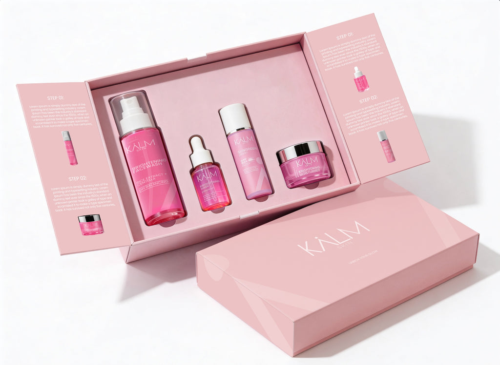 KALM SKIN Rice Brightening 4 Step Glow Kit skincare gift box with facewash serum moisturiser and sunscreen