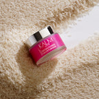 KALM SKIN Rice Brightening Moisturiser 50g jar placed on rice grains highlighting rice extract skincare for glowing hydrated skin